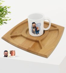 Kişiye Özel Baba Oğul Karikatürlü Beyaz Kupa ve Doğal Masif Ahşap 4 Bölmeli Sunum Tabağı Çerezlik Hediye Seti-1