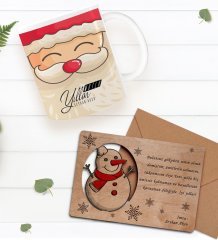 Kişiye Özel Happy New Year Kupa Bardak ve Retro Ahşap Yılbaşı Tebrik Kartı Hediye Seti-6D