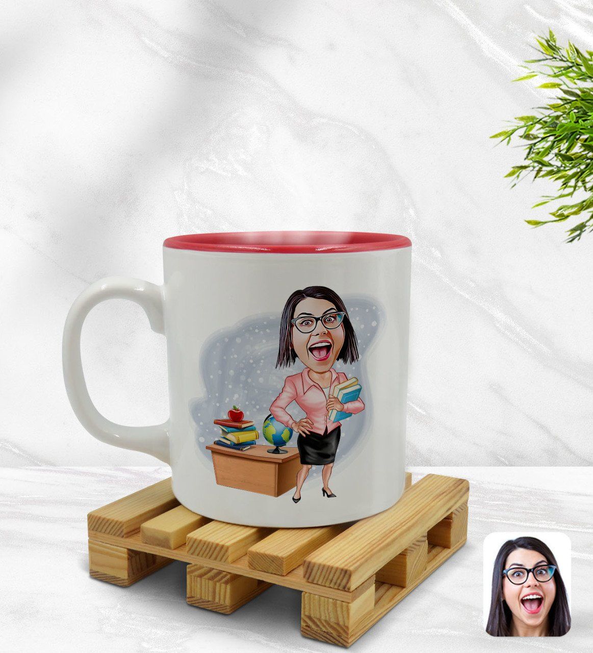 Kişiye Özel Kadın Öğretmen Karikatürlü İçi Kırmızı Renkli Kupa Bardak Model 5