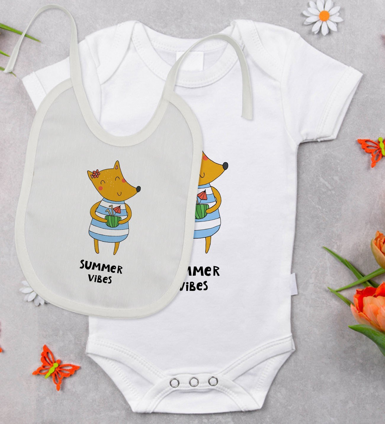 BK Kids Summer Vibes Tasarımlı Bebek Body Zıbın ve Mama Önlüğü Hediye Seti - Model 1
