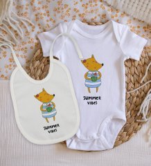 BK Kids Summer Vibes Tasarımlı Bebek Body Zıbın ve Mama Önlüğü Hediye Seti - Model 1