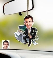 Kişiye Özel Bay Bankacı Karikatürlü Ahşap Araba Dikiz Ayna Süsü-1