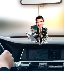 Kişiye Özel Bay Bankacı Karikatürlü Ahşap Araba Dikiz Ayna Süsü-1