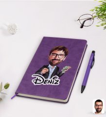 Kişiye Özel Erkek Milyoner Karikatürlü Mor Termo Deri Defter Kalem Seti Model 1