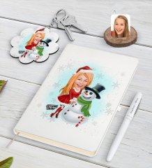 Kişiye Özel Kadın Yeni Yıl Karikatürlü Beyaz Defter Kalem ve Anahtarlık Hediye Seti-2