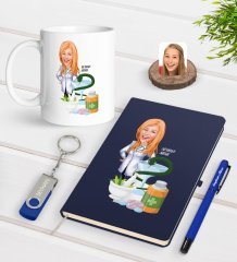 Kişiye Özel Kadın Eczacı Karikatürlü Lacivert Defter Kalem Kupa 32gb USB Bellek Hediye Seti-2