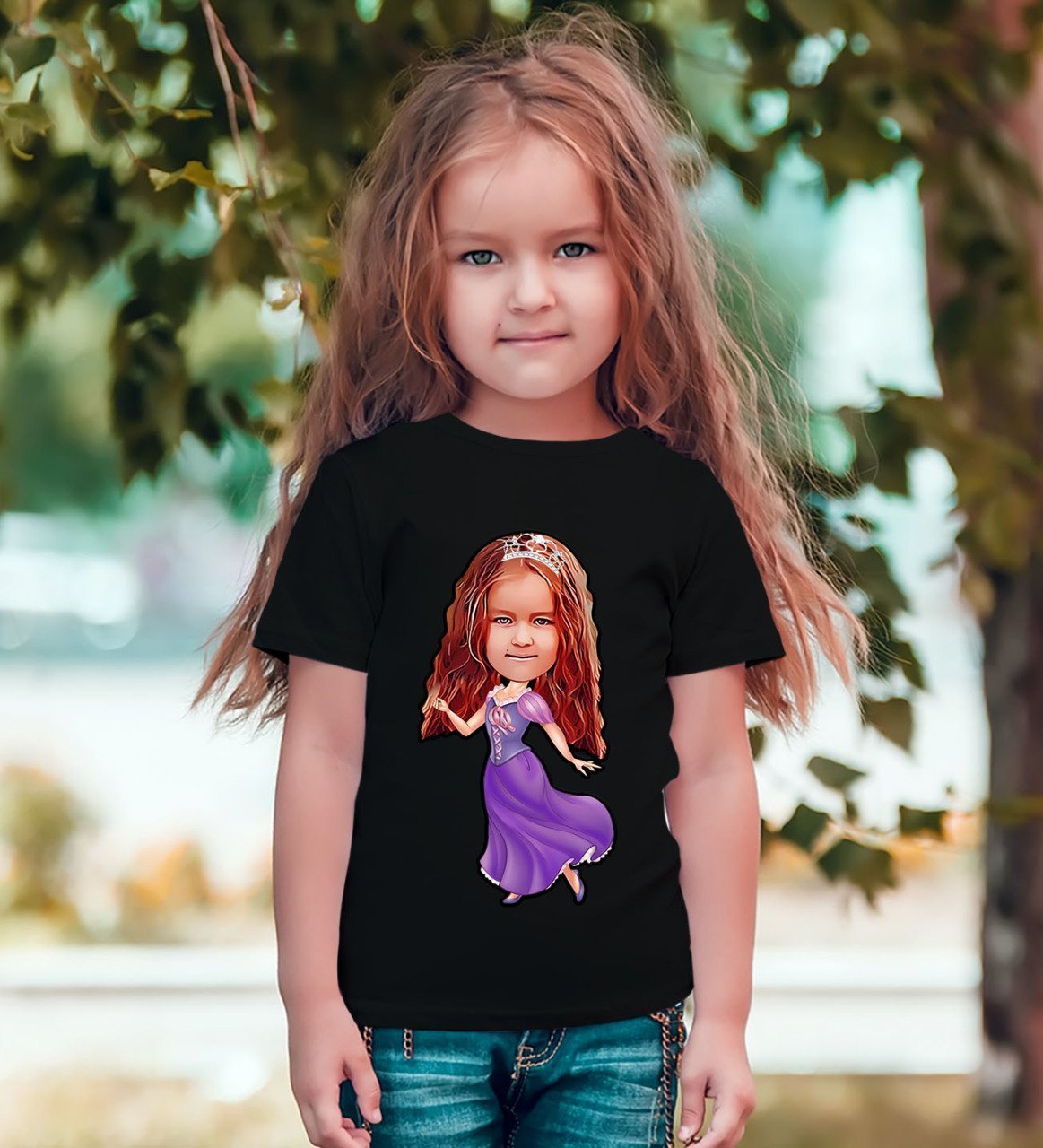 Kişiye Özel Kız Çocuk Prenses Karikatürlü Siyah T-Shirt-3