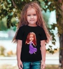 Kişiye Özel Kız Çocuk Prenses Karikatürlü Siyah T-Shirt-3
