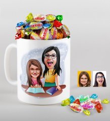 Kişiye Özel Anne Kız Karikatürlü Kupa ve Haribo Şeker Hediye Seti-1