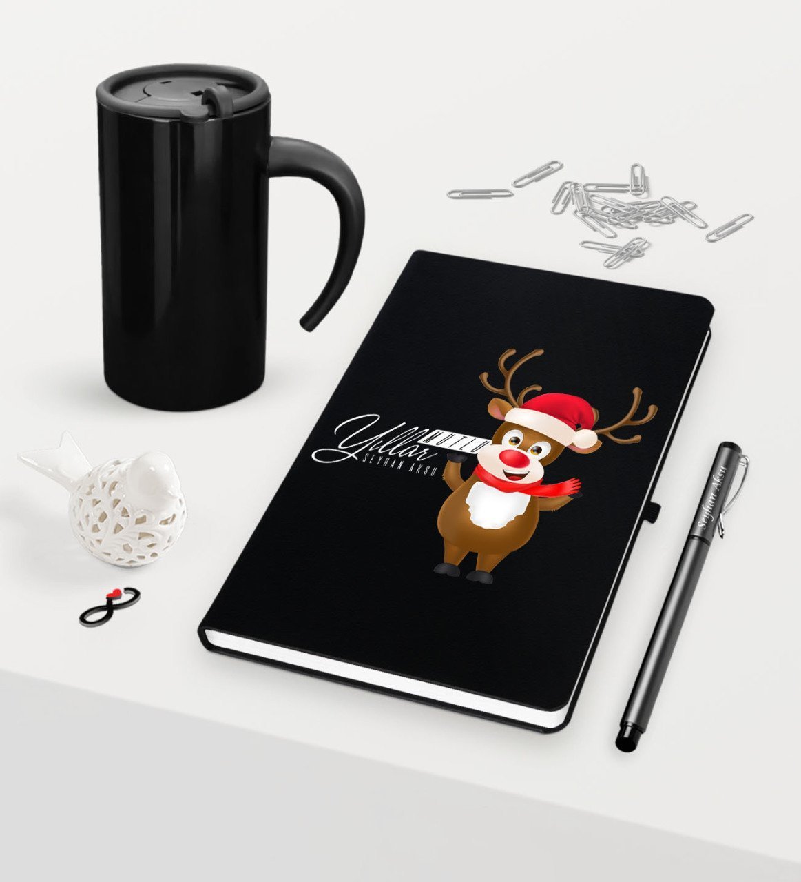 Kişiye Özel Yılbaşı Mutlu Yıllar Temalı Siyah Defter Kalem Termos Mug Seti - 11