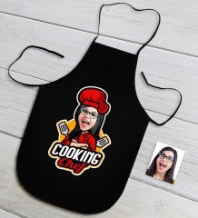 Kişiye Özel Bayan Chef Karikatürlü Siyah Mutfak Önlüğü-11