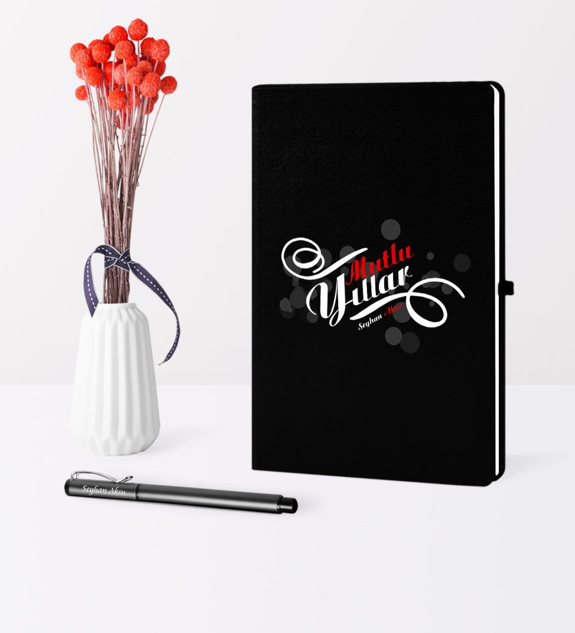 Kişiye Özel Yılbaşı Mutlu Yıllar Temalı Siyah Defter Kalem Seti - 6
