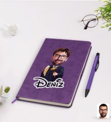 Kişiye Özel Erkek Hakim Karikatürlü Mor Termo Deri Defter Kalem Seti Model 1