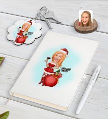 Kişiye Özel Kadın Yeni Yıl Karikatürlü Beyaz Defter Kalem ve Anahtarlık Hediye Seti-1