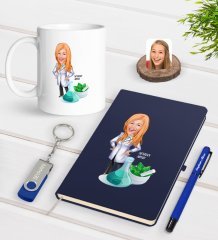Kişiye Özel Kadın Eczacı Karikatürlü Lacivert Defter Kalem Kupa 32gb USB Bellek Hediye Seti-1
