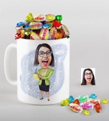 Kişiye Özel Sekreter Karikatürlü Kupa ve Haribo Fruitbons Şeker Hediye Seti