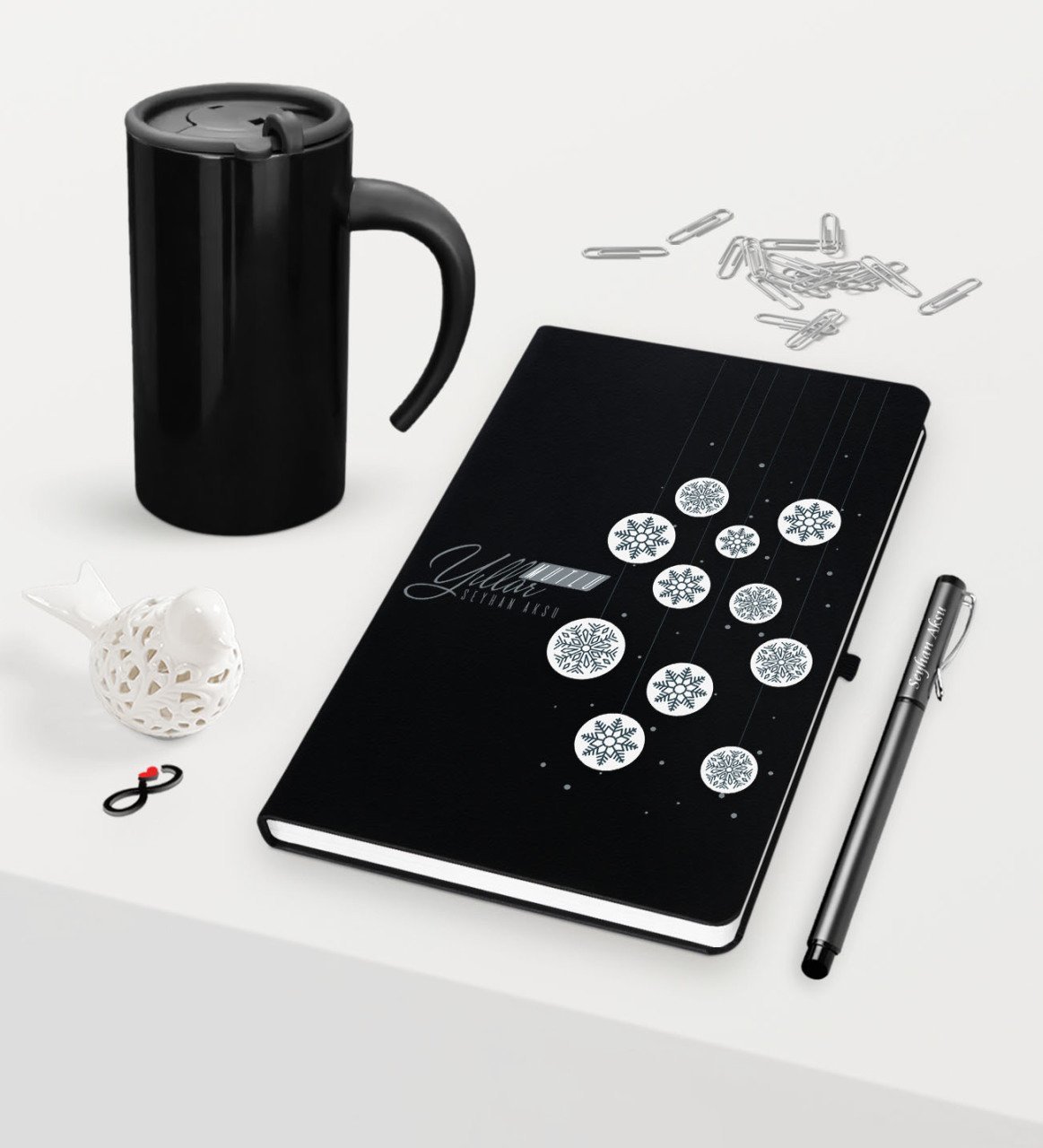 Kişiye Özel Yılbaşı Mutlu Yıllar Temalı Siyah Defter Kalem Termos Mug Seti - 10