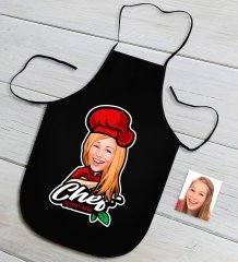Kişiye Özel Bayan Chef Karikatürlü Siyah Mutfak Önlüğü-10
