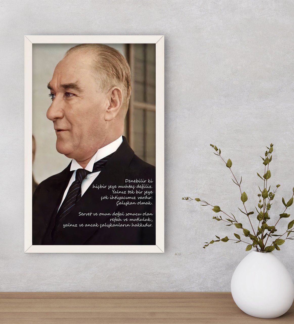BK Gift Atatürk Temalı Dekoratif Ahşap Beyaz Çerçeveli Tablo-43