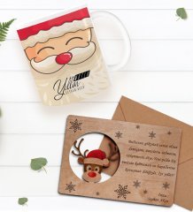 Kişiye Özel Happy New Year Kupa Bardak ve Retro Ahşap Yılbaşı Tebrik Kartı Hediye Seti-6B