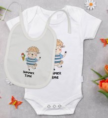 BK Kids Summer Time Tasarımlı Bebek Body Zıbın ve Mama Önlüğü Hediye Seti - Model 1