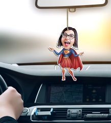 Kişiye Özel Süper Anne Karikatürlü Ahşap Araba Dikiz Ayna Süsü-2