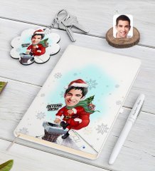 Kişiye Özel Erkek Yeni Yıl Karikatürlü Beyaz Defter Kalem ve Anahtarlık Hediye Seti-2