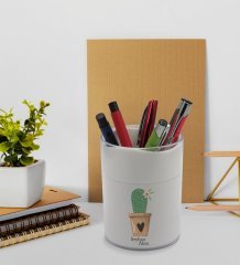 BK Gift Kişiye Özel Kaktüs Tasarımlı Beyaz Akrilik Kalemlik - Model 6