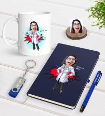 Kişiye Özel Kadın Doktor Karikatürlü Lacivert Defter Kalem Kupa 32gb USB Bellek Hediye Seti-1