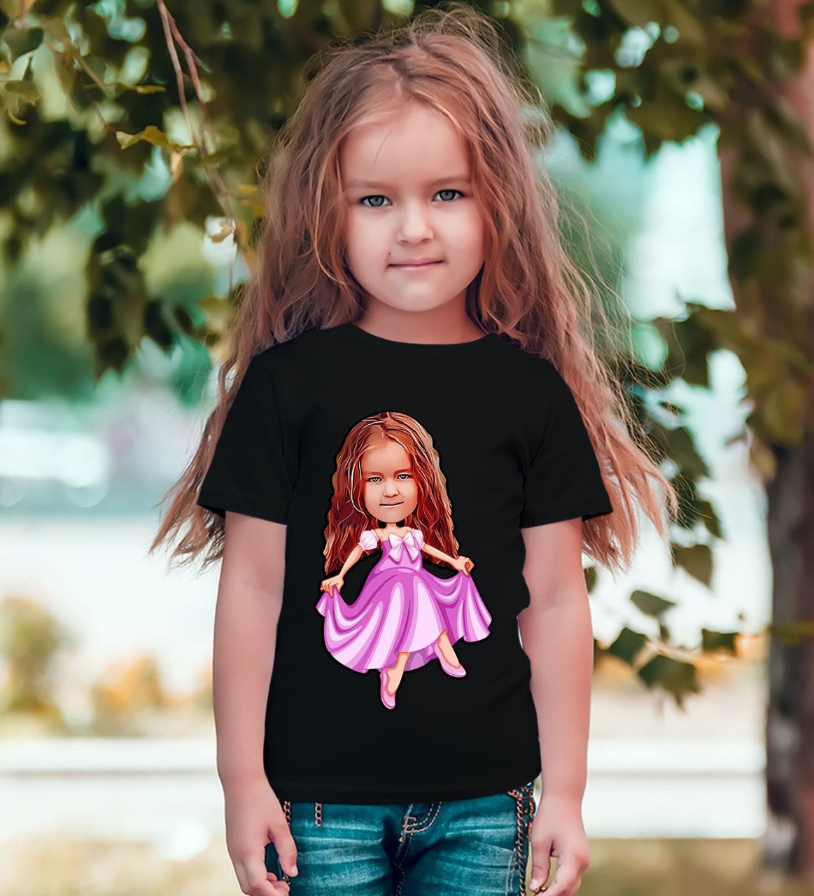 Kişiye Özel Kız Çocuk Prenses Karikatürlü Siyah T-Shirt-1