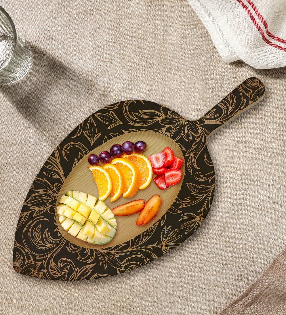 BK Gift Retro Motif Tasarımlı Yaprak Şeklinde Doğal Ahşap Servis ve Sunum Tabağı Model 18
