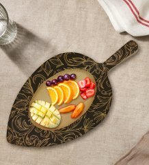 BK Gift Retro Motif Tasarımlı Yaprak Şeklinde Doğal Ahşap Servis ve Sunum Tabağı Model 18