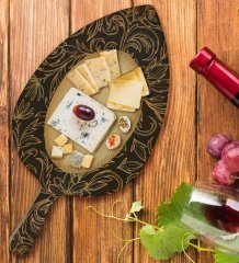 BK Gift Retro Motif Tasarımlı Yaprak Şeklinde Doğal Ahşap Servis ve Sunum Tabağı Model 18