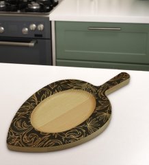 BK Gift Retro Motif Tasarımlı Yaprak Şeklinde Doğal Ahşap Servis ve Sunum Tabağı Model 18