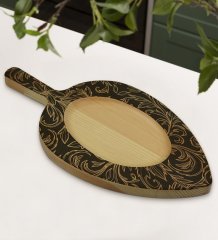BK Gift Retro Motif Tasarımlı Yaprak Şeklinde Doğal Ahşap Servis ve Sunum Tabağı Model 18
