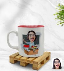 Kişiye Özel Kadın Öğretmen Karikatürlü İçi Kırmızı Renkli Kupa Bardak Model 2
