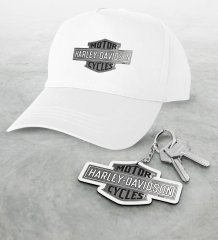 Harley Davidson Beyaz Şapka ve Ahşap Anahtarlık Seti-3