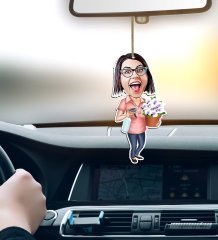 Kişiye Özel Ev Hanımı Karikatürlü Ahşap Araba Dikiz Ayna Süsü-2