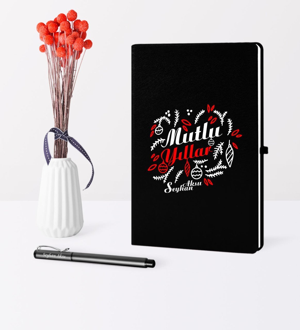 Kişiye Özel Yılbaşı Mutlu Yıllar Temalı Siyah Defter Kalem Seti - 4