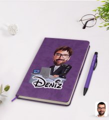 Kişiye Özel Erkek Genel Müdür Karikatürlü Mor Termo Deri Defter Kalem Seti Model 1