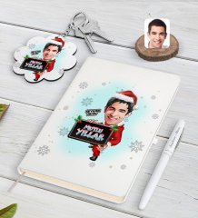 Kişiye Özel Erkek Yeni Yıl Karikatürlü Beyaz Defter Kalem ve Anahtarlık Hediye Seti-1