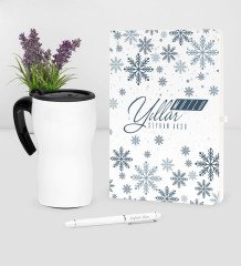 Kişiye Özel Yılbaşı Mutlu Yıllar Temalı Beyaz Defter Kalem Termos Mug Seti - 17