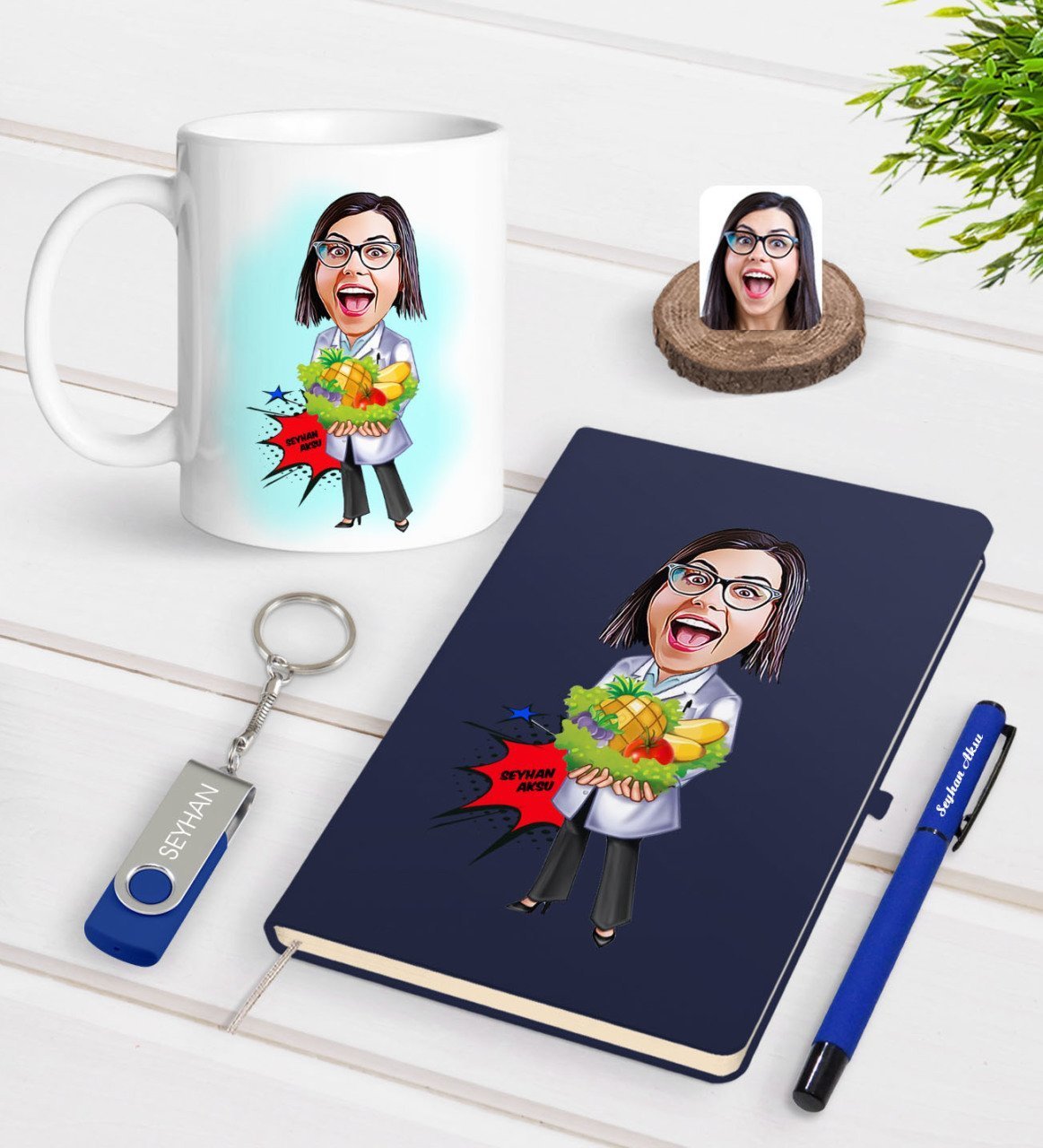 Kişiye Özel Kadın Diyetisyen Karikatürlü Lacivert Defter Kalem Kupa 32gb USB Bellek Hediye Seti-1