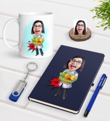 Kişiye Özel Kadın Diyetisyen Karikatürlü Lacivert Defter Kalem Kupa 32gb USB Bellek Hediye Seti-1