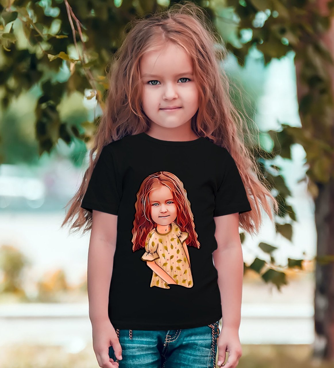 Kişiye Özel Kız Çocuk Karikatürlü Siyah T-Shirt-8