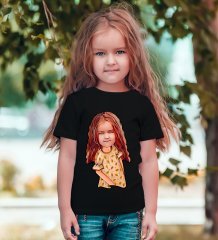 Kişiye Özel Kız Çocuk Karikatürlü Siyah T-Shirt-8