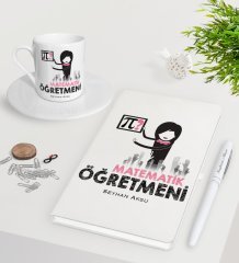 Kişiye Özel Matematik Öğretmeni Beyaz Defter Kalem Türk Kahvesi Fincanı Seti-1