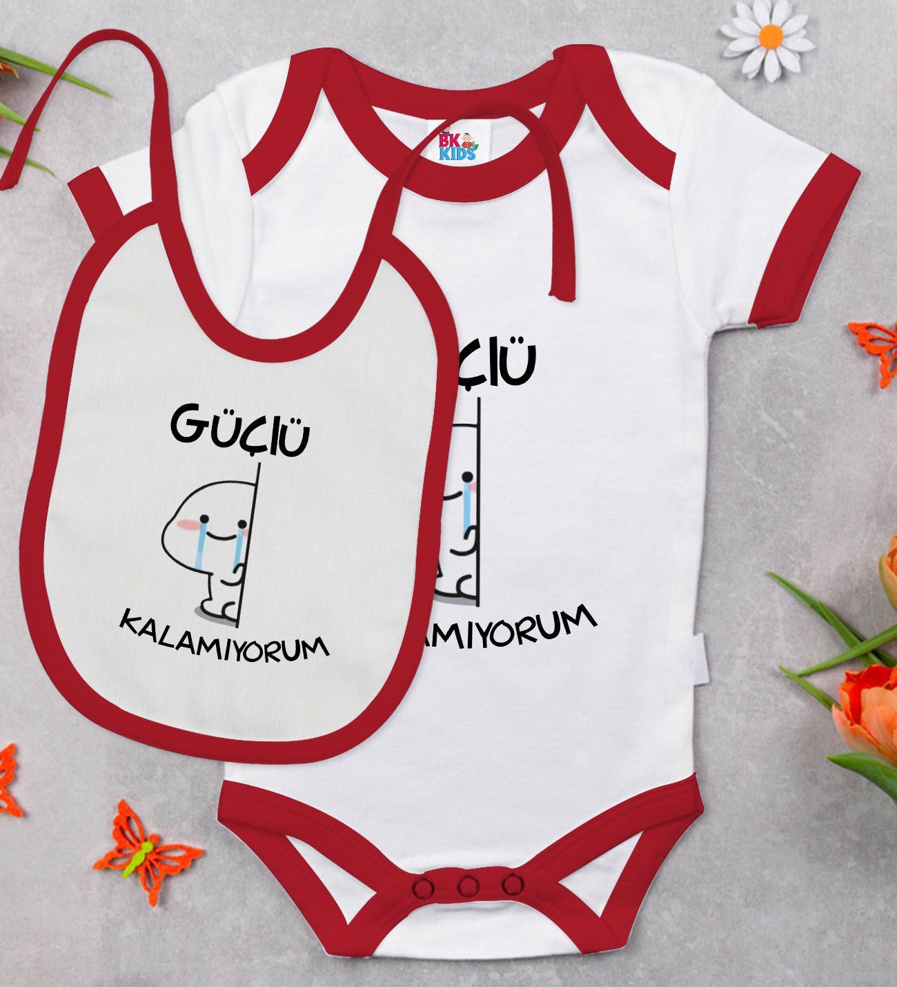 BK Kids Güçlü Kalamıyorum Tasarımlı Kırmızı Bebek Body Zıbın ve Mama Önlüğü Hediye Seti-1