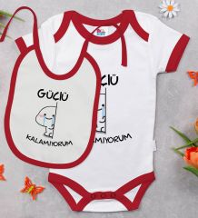 BK Kids Güçlü Kalamıyorum Tasarımlı Kırmızı Bebek Body Zıbın ve Mama Önlüğü Hediye Seti-1