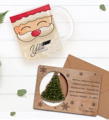 Kişiye Özel Happy New Year Kupa Bardak ve Retro Ahşap Yılbaşı Tebrik Kartı Hediye Seti-6A